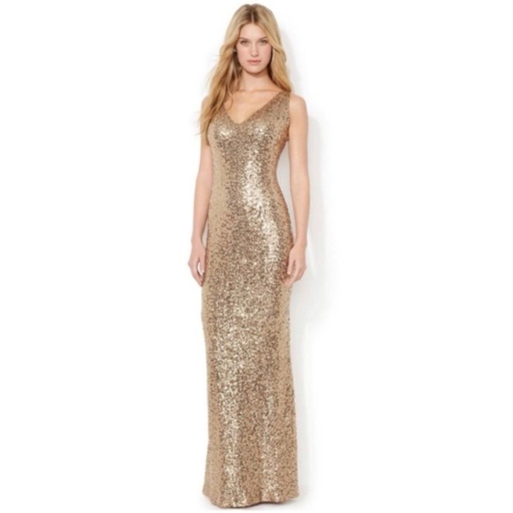 Ralph Lauren Sequins Gold Evening Maxi Full Length V-Neck Sleeveless Dress Sz 12
